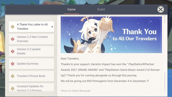 genshin impact in-game mail thank you letter primogems rewards travelers