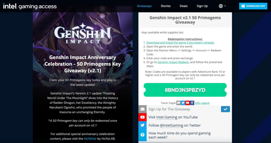 Genshin Impact Redeem Code: How to get free Primogems from Intel Gaming website