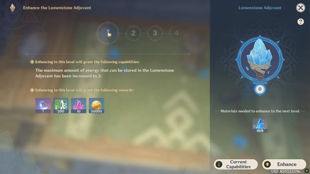 Upgrade the Lumenstone Adjuvant to earn various rewards in Genshin Impact.