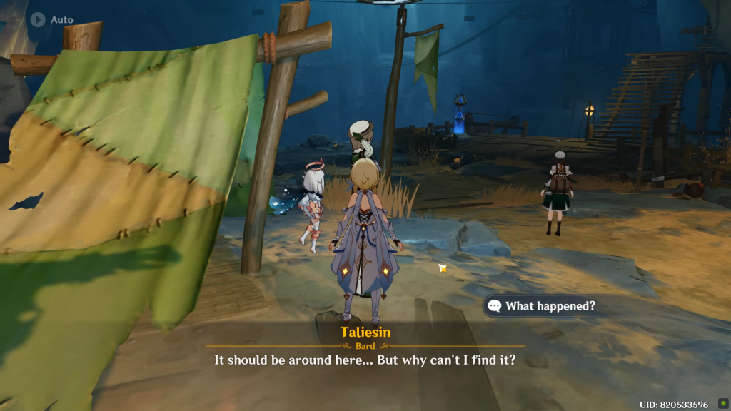 Talk to Taliesin at Jinwu's Camp in The Chasm.