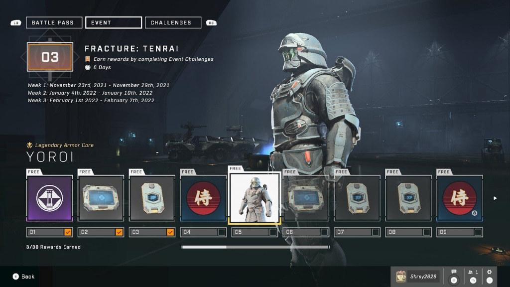 Halo Infinite Fracture Tenrai event pass rewards all tiers Yoroi legendary armor core