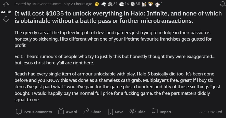 Halo Infinite cost unlock everything price microtransations state of the game