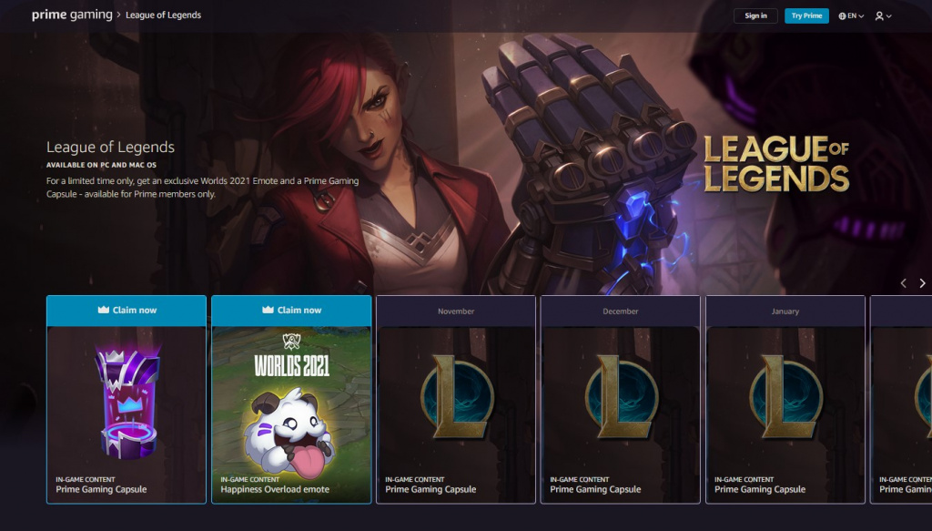 League of Legends Prime Gaming rewards page