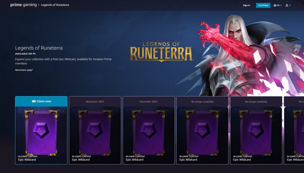 Legends of Runeterra Prime Gaming rewards page