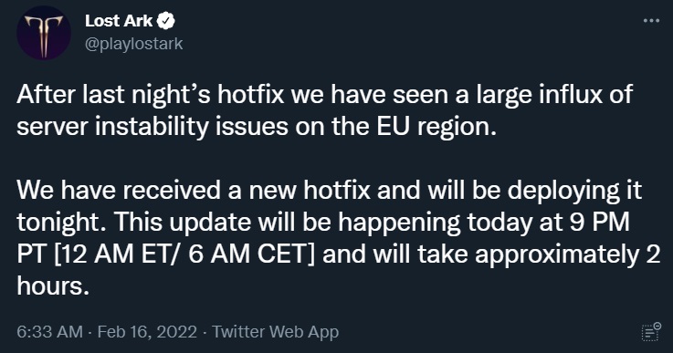 Lost Ark 16 February hotfix update patch notes server instability issues EU region fix