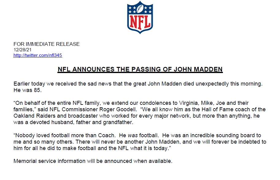 John Madden dies passes away cause of death NFL football Madden games