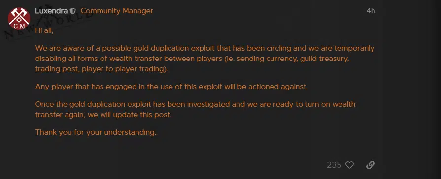 New World MMO wealth transfer is disabled owing to gold dupe exploit amazon games