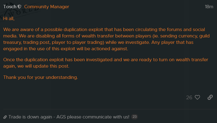 New World turns off wealth transfer to fix trophy dupe glitch