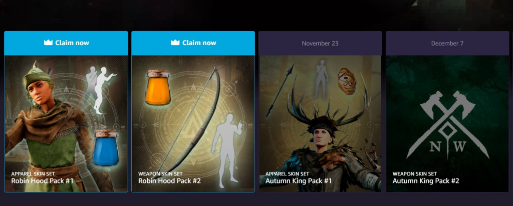 New World prime gaming free rewards how to get Autumn Kings pack robin hood pack content