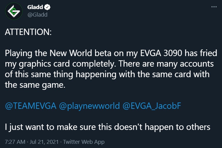 EVGA GeForce RTX 3090 FTW3 GPU fried New World Gladd issues reports gpu dying