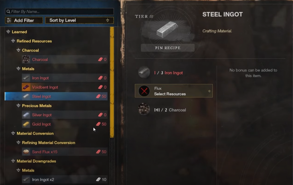 WHat you need to make steel ingot New World