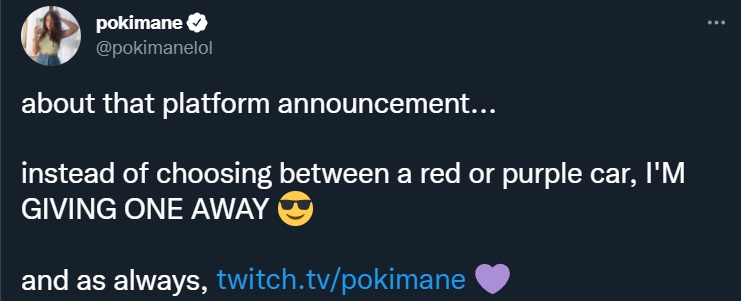Pokimane stay on twitch tesla car giveaway how to enter details