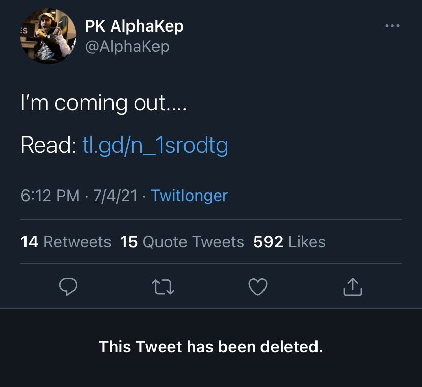 alphakep, pittsburgh knights, rocket league, rlcs, pro player, esports, pride month, gay, coming out, joke, tweet, deleted, twitter, apology, twitlonger