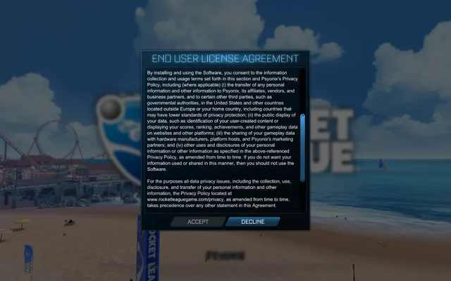 rocket league, license agreement, bug, glitch, queue, online, playlists, match, update, can't, won't, server, agree, ok, read and agree