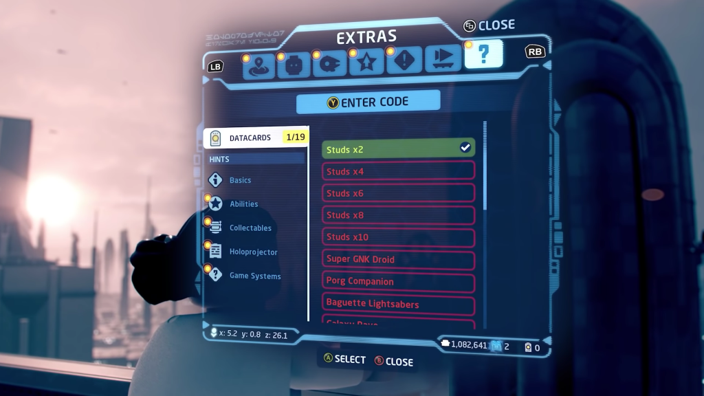 lego star wars the skywalker saga data cards menu cheats holoprojector menu