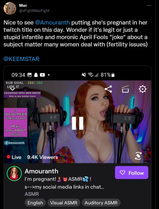 amouranth backlash pregnancy april fools joke