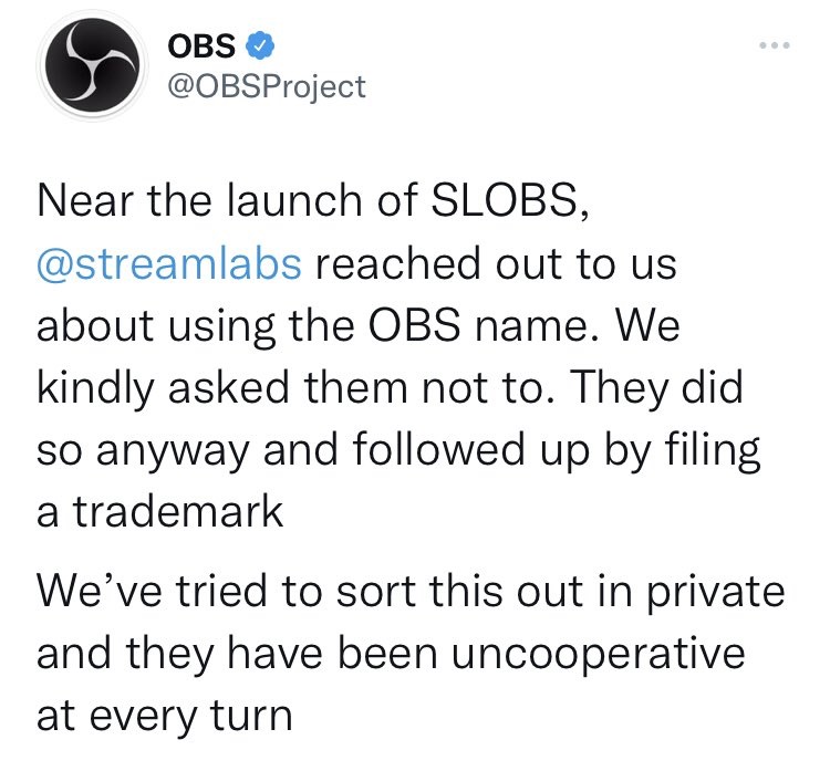obs open broadcast software asked streamlabs not to use name in SLOBs but did anyway