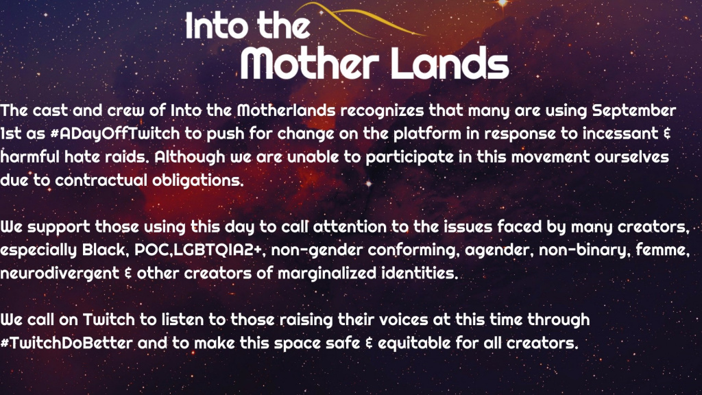 The cast and crew of Into The Mother Lands RPG show their support against hate raids
