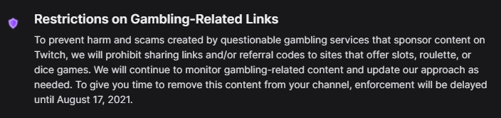 twitch restrict gambling links and codes creators