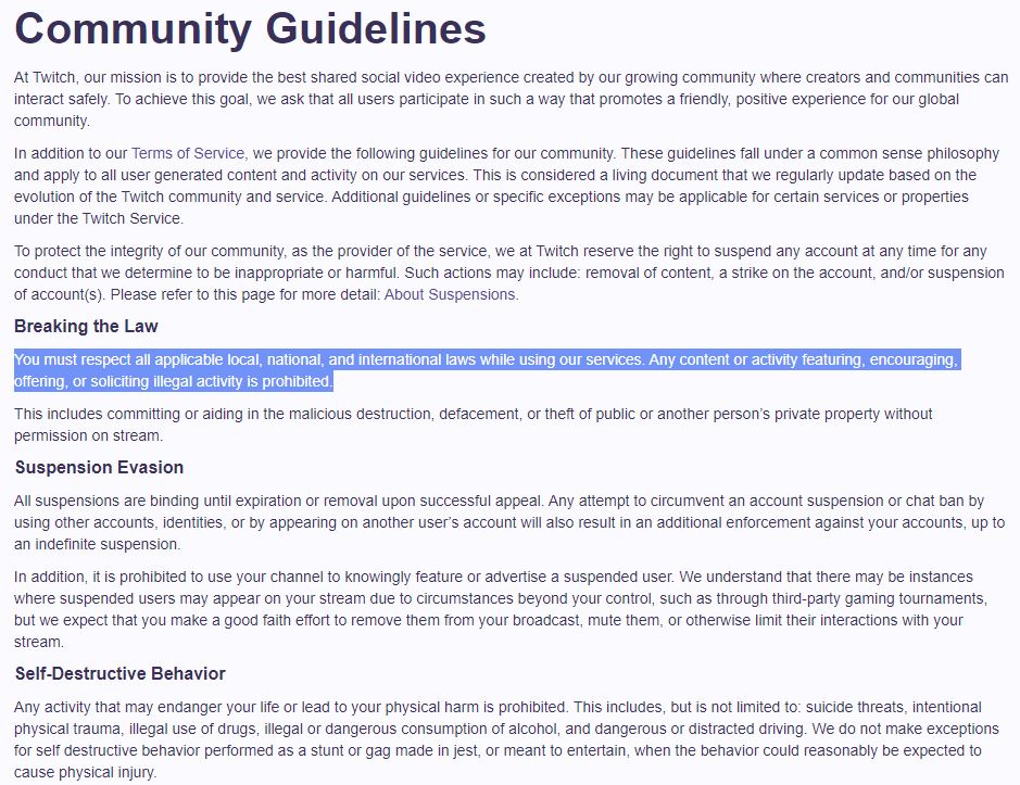 twitch community guidelines on breaking the law