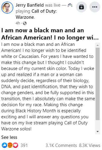 Jerry Banfield says he now identifies as a "black man and an African American."
