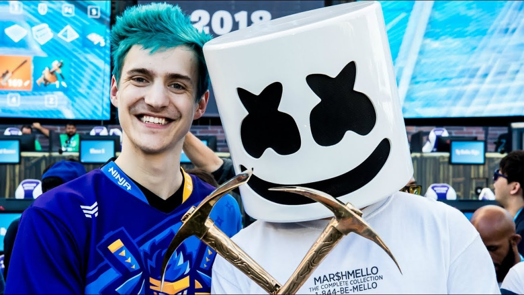 Ninja and Marshmello after winning the Fortnite Celebrity Pro-Am at E3 2018