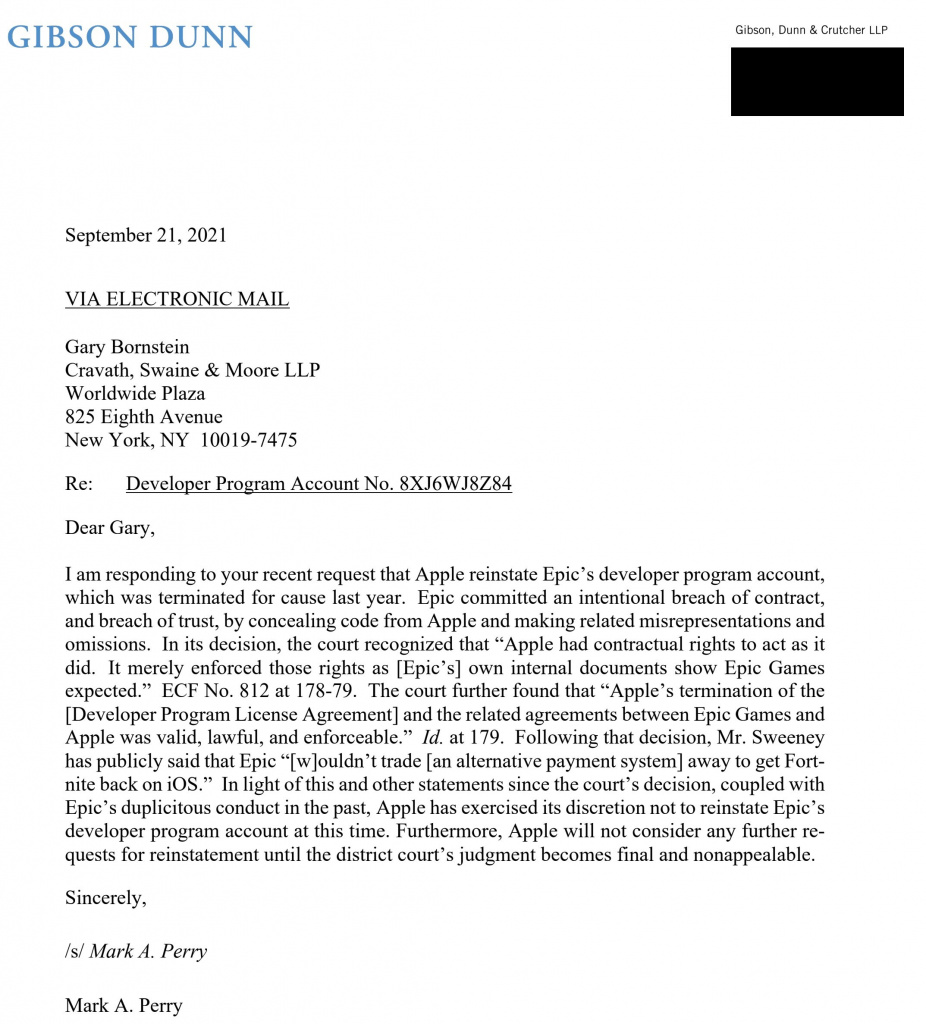 Apple deny Epic's request to reinstate their developer program account.