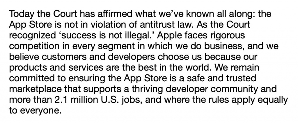 Apple's response to U.S. District Court ruling in Epic Games lawsuit
