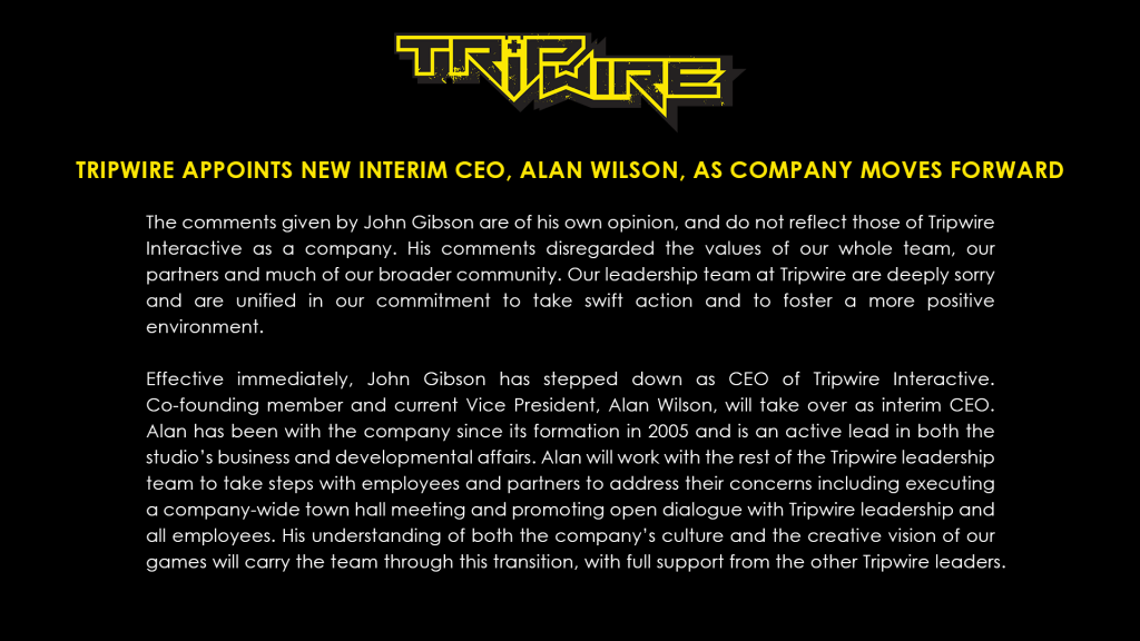 Tripwire Interactive CEO John Gibson has "stepped down" amid backlash