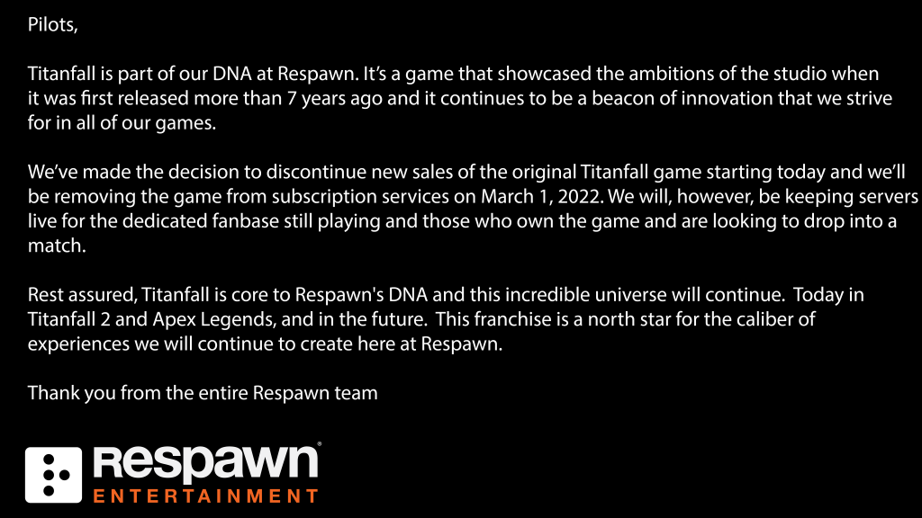 Respawn pull Titanfall from storefronts for good