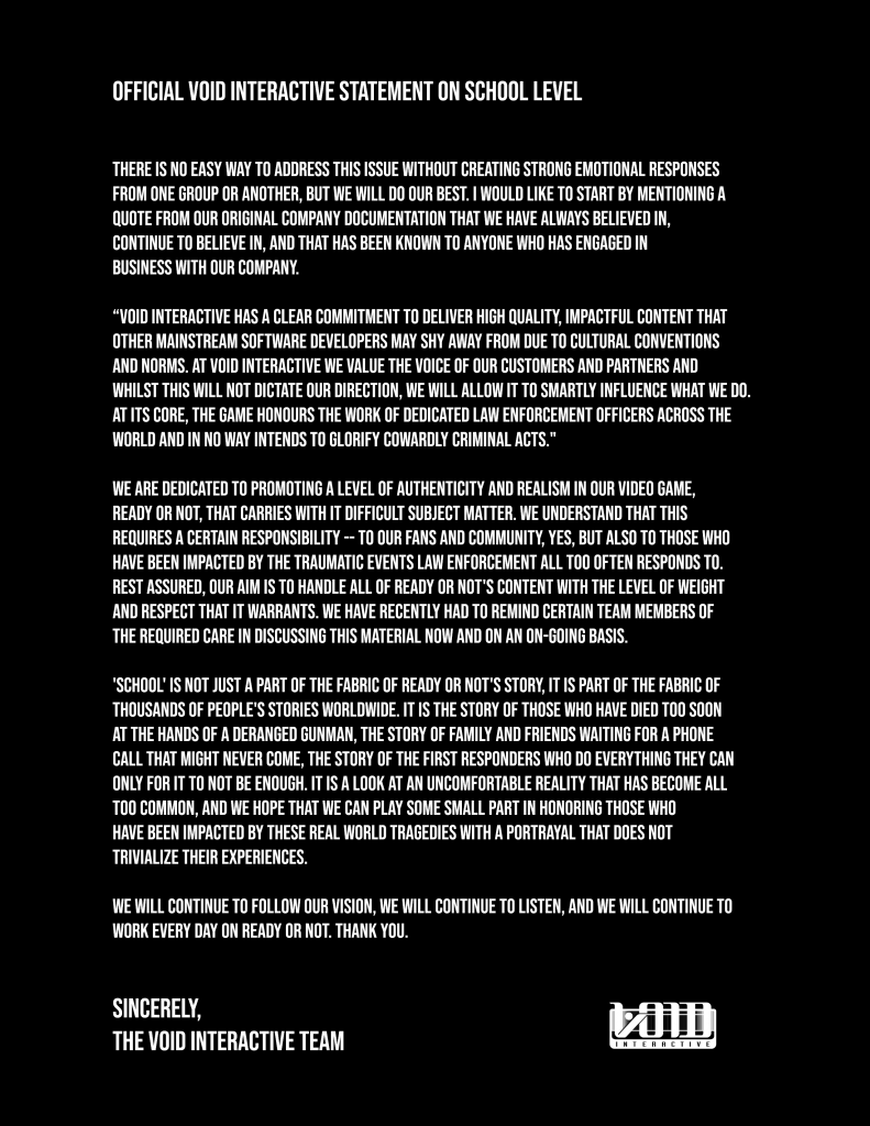 Void Interactive issue statement regarding Ready or Not school shooting level