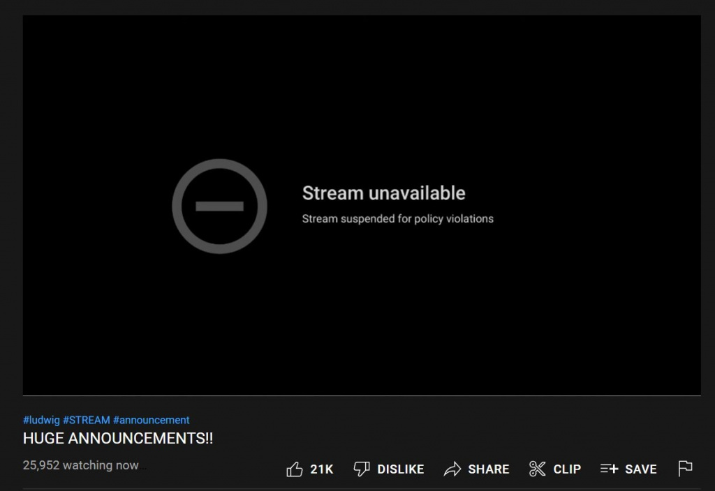 Ludwig Ahgren was hit with his first ban on YouTube Gaming