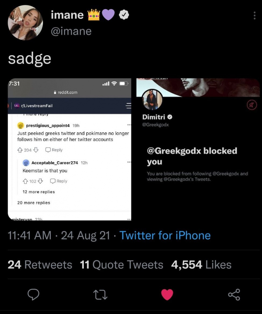 pokimane sadge twitter greekgodx block response