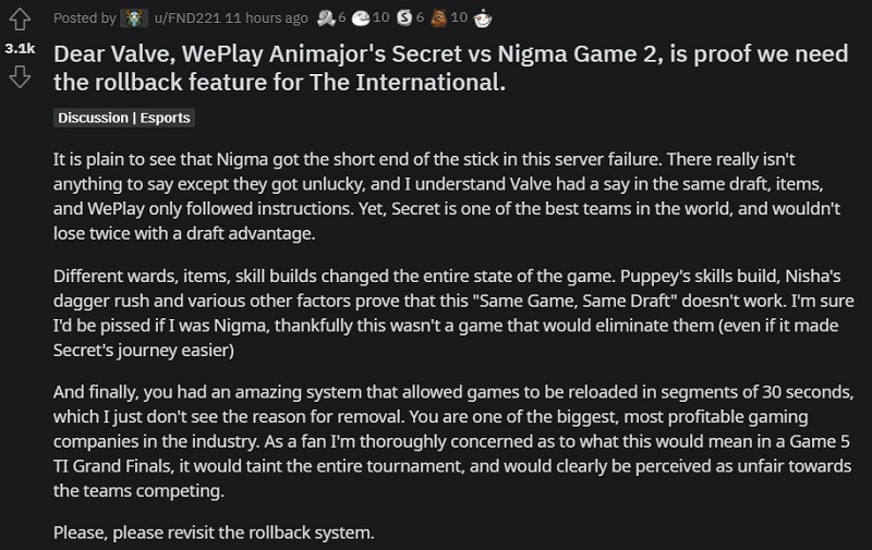 Dota 2 rollback feature weplay animajor rematch secret nigma the international 10 valve