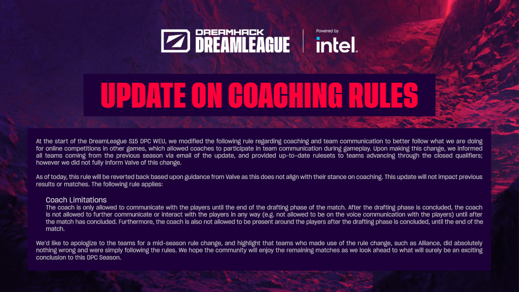 DreamHack ESL Dota 2 coaching cheating alliance DPC valve rule changes