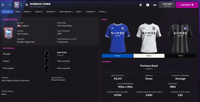 Football Manager 2022 Ipswich Town team screen