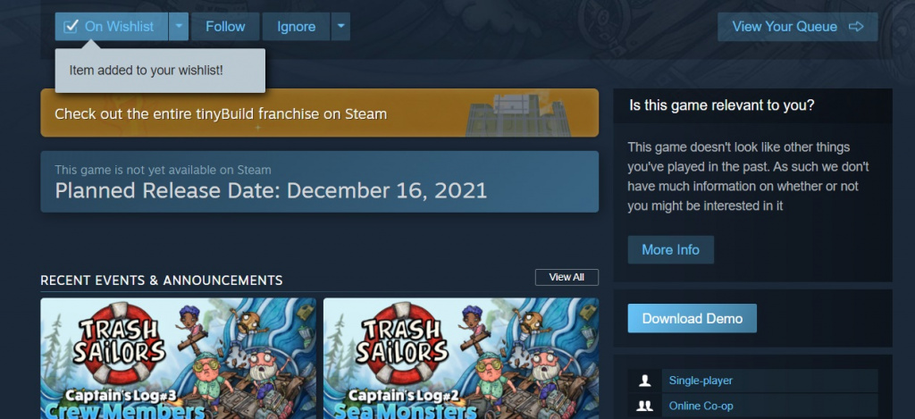 Trash Sailors release date time steam free demo pc system requirements gameplay features tinybuild
