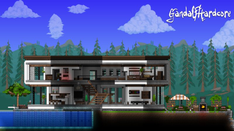 A modern house build in Terraria